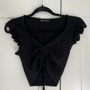 Black Zara Ruffle Sleeve Pull Front Crop Top